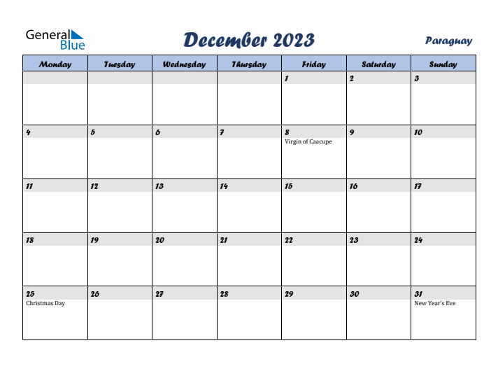 December 2023 Calendar with Holidays in Paraguay