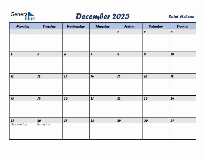 December 2023 Calendar with Holidays in Saint Helena