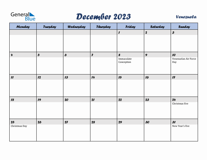 December 2023 Calendar with Holidays in Venezuela