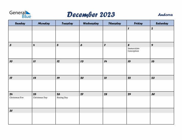 December 2023 Calendar with Holidays in Andorra