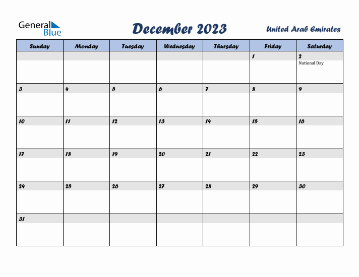 December 2023 Calendar with Holidays in United Arab Emirates