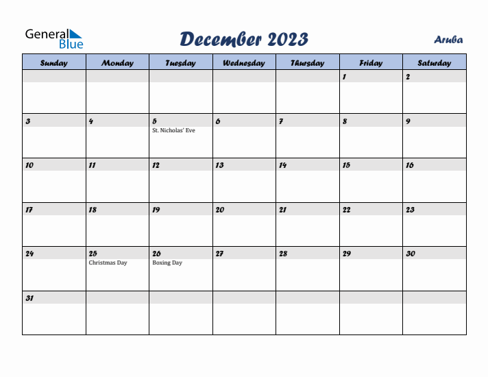 December 2023 Calendar with Holidays in Aruba