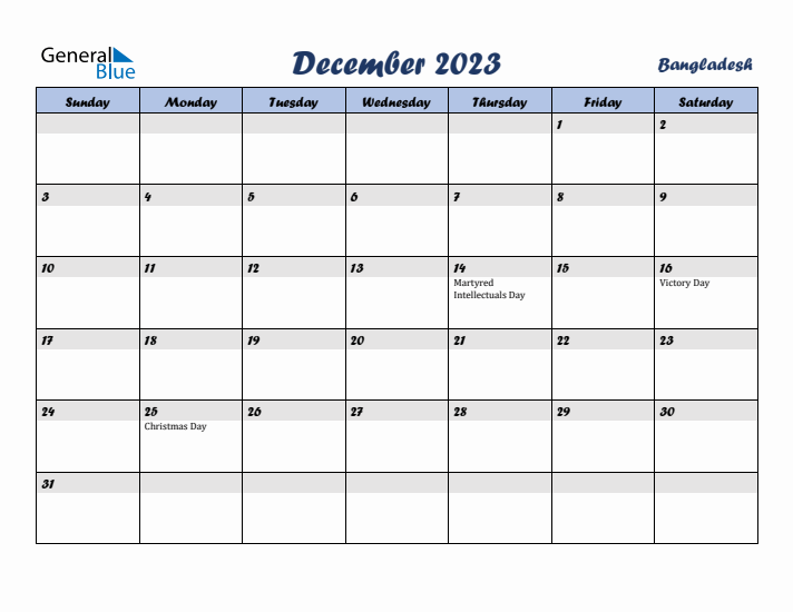 December 2023 Calendar with Holidays in Bangladesh