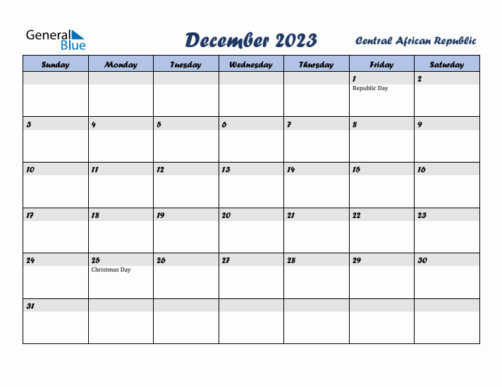 December 2023 Calendar with Holidays in Central African Republic