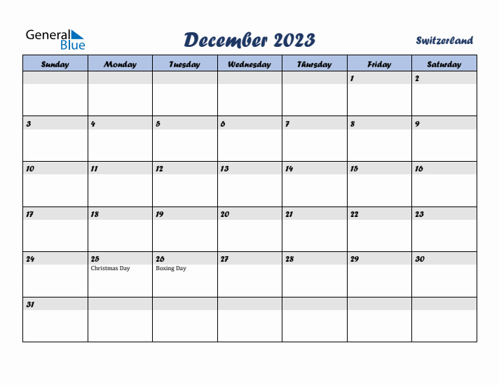 December 2023 Calendar with Holidays in Switzerland