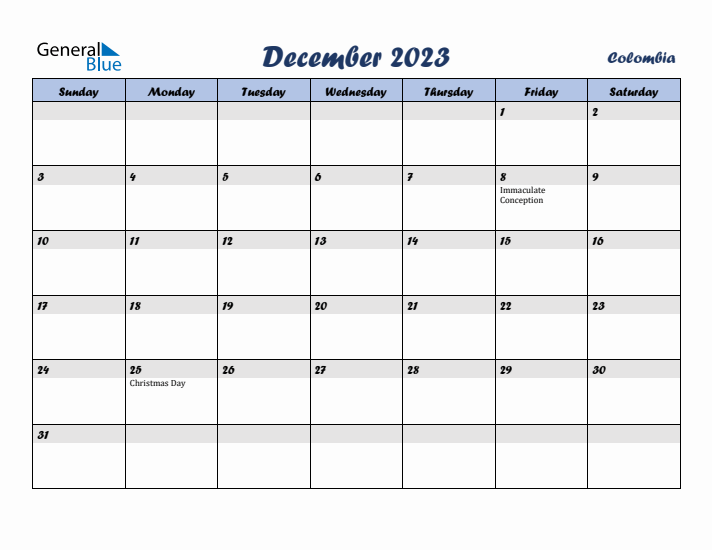 December 2023 Calendar with Holidays in Colombia