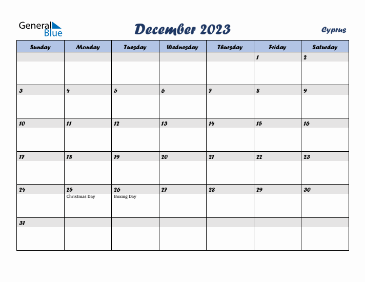 December 2023 Calendar with Holidays in Cyprus