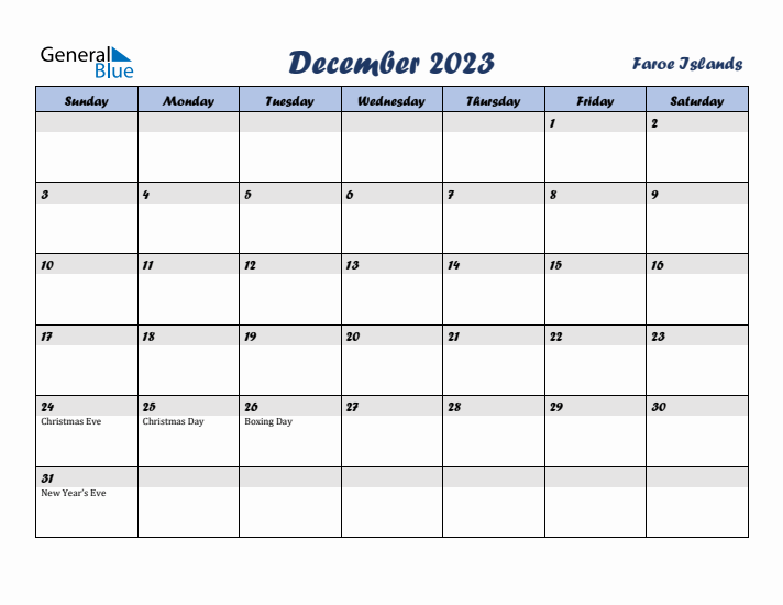 December 2023 Calendar with Holidays in Faroe Islands