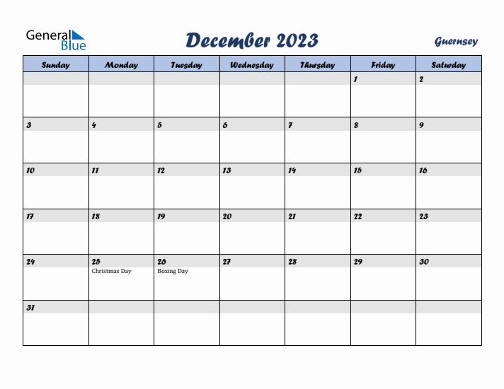 December 2023 Calendar with Holidays in Guernsey