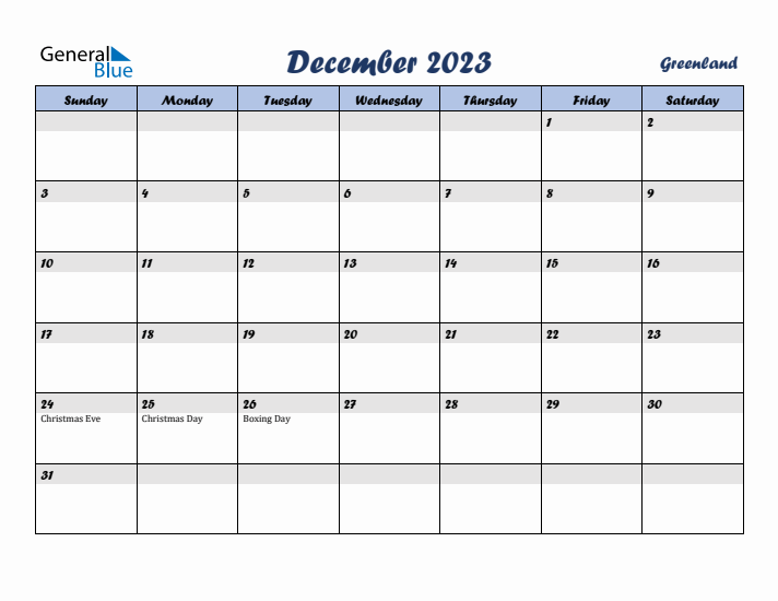 December 2023 Calendar with Holidays in Greenland