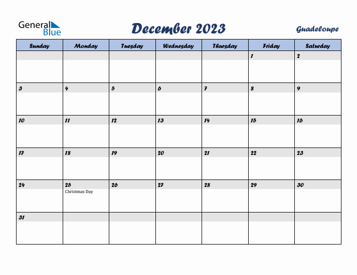 December 2023 Calendar with Holidays in Guadeloupe