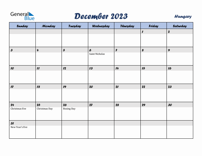 December 2023 Calendar with Holidays in Hungary