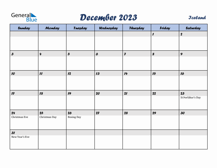 December 2023 Calendar with Holidays in Iceland