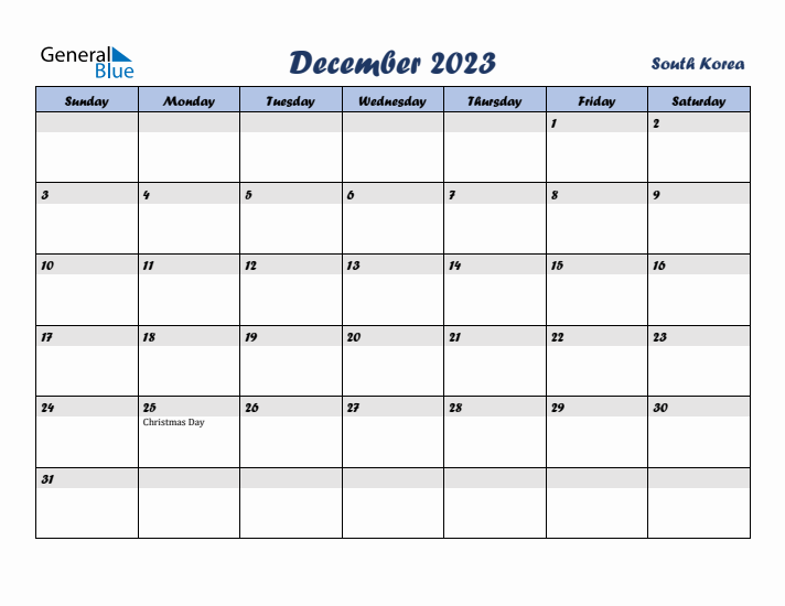 December 2023 Calendar with Holidays in South Korea