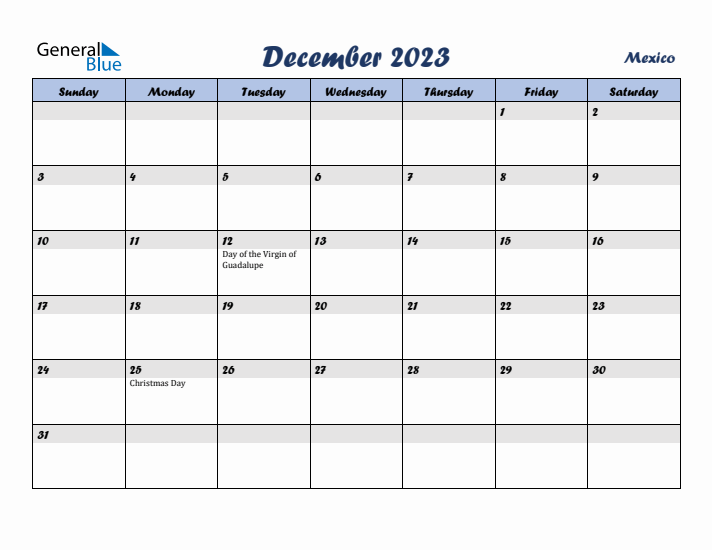 December 2023 Calendar with Holidays in Mexico