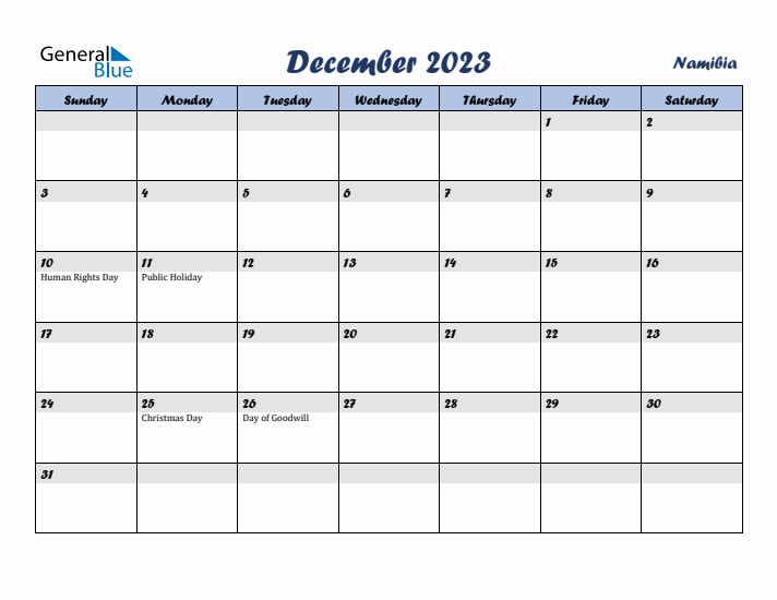 December 2023 Calendar with Holidays in Namibia