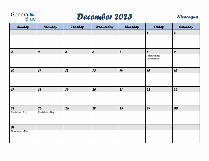 December 2023 Calendar with Holidays in Nicaragua