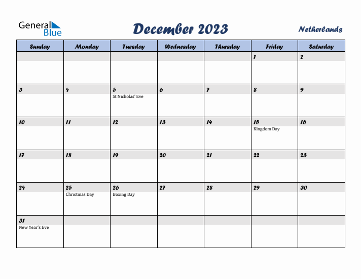 December 2023 Calendar with Holidays in The Netherlands