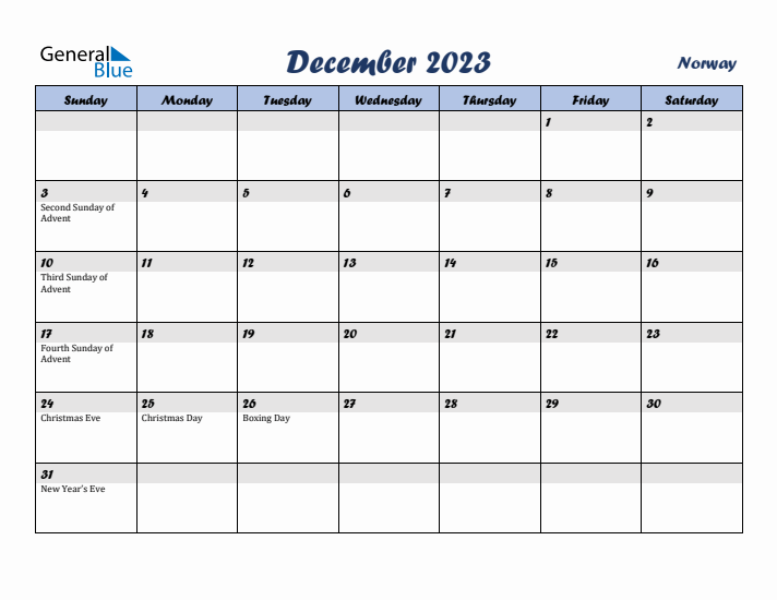 December 2023 Calendar with Holidays in Norway