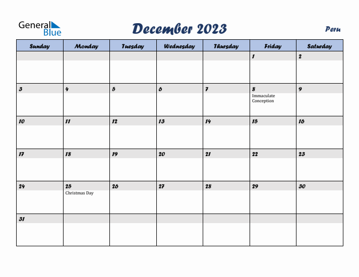 December 2023 Calendar with Holidays in Peru