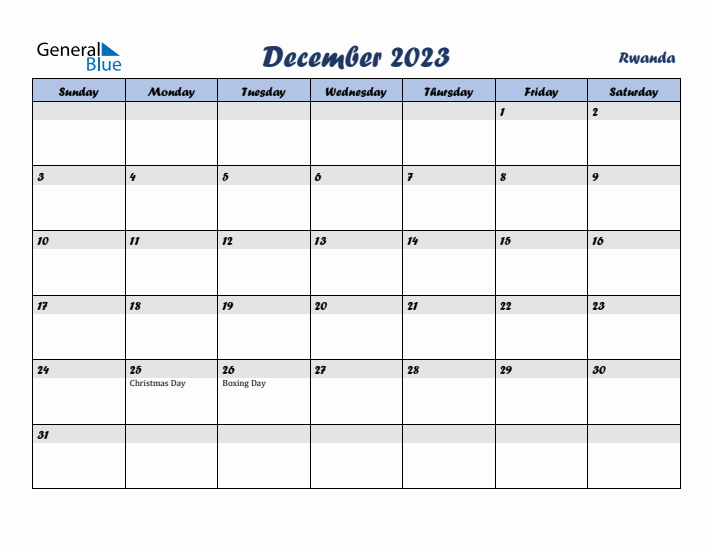 December 2023 Calendar with Holidays in Rwanda