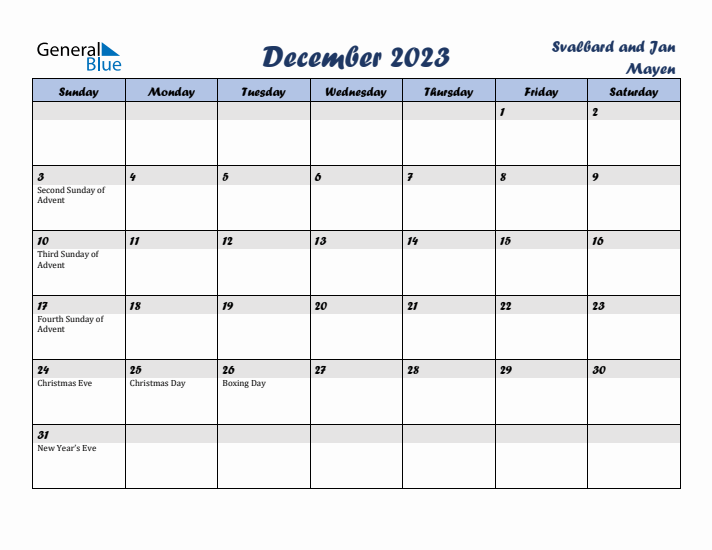 December 2023 Calendar with Holidays in Svalbard and Jan Mayen