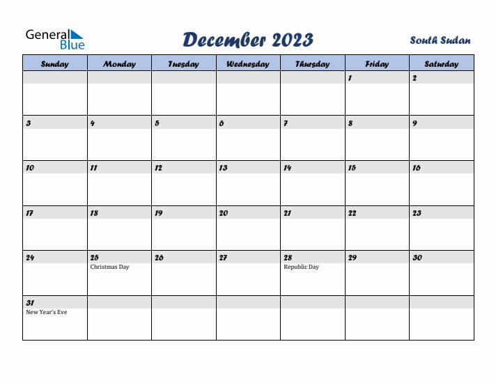 December 2023 Calendar with Holidays in South Sudan