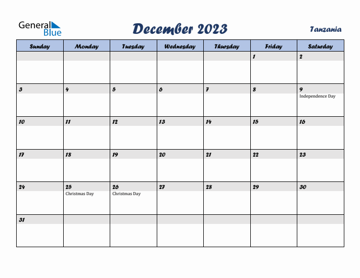 December 2023 Calendar with Holidays in Tanzania