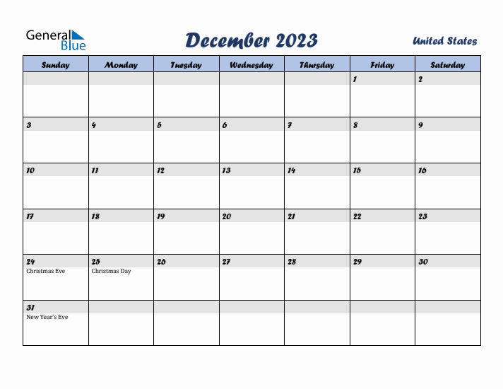 December 2023 Calendar with Holidays in United States