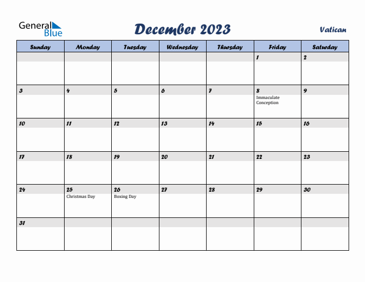 December 2023 Calendar with Holidays in Vatican