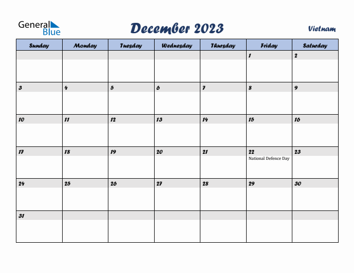 December 2023 Calendar with Holidays in Vietnam