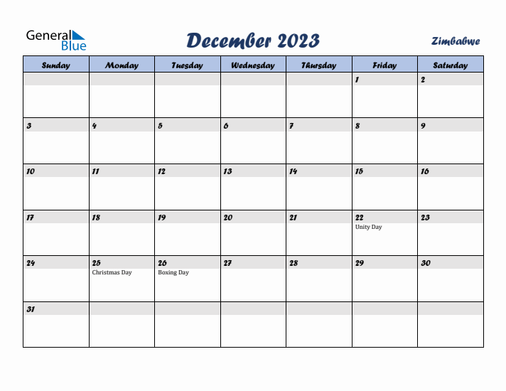 December 2023 Calendar with Holidays in Zimbabwe