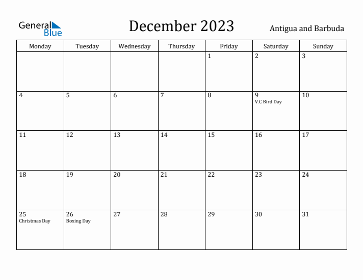 December 2023 Calendar Antigua and Barbuda