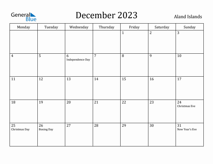 December 2023 Calendar Aland Islands