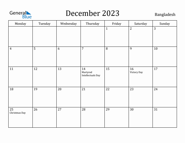 December 2023 Calendar Bangladesh