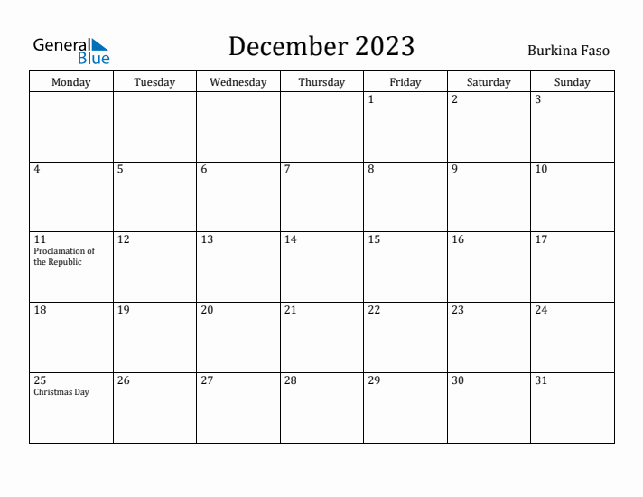 December 2023 Calendar Burkina Faso