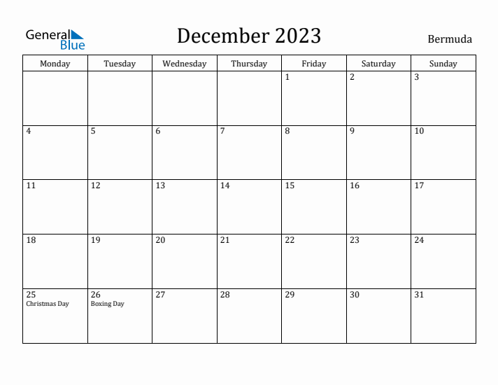 December 2023 Calendar Bermuda