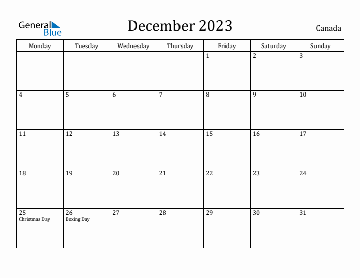 December 2023 Calendar Canada