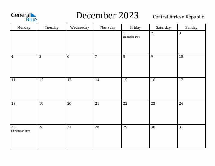 December 2023 Calendar Central African Republic