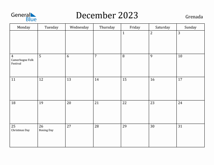 December 2023 Calendar Grenada