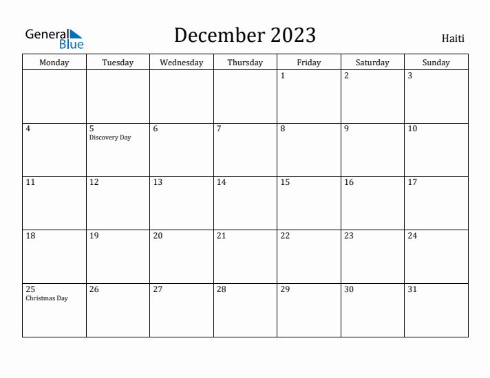 December 2023 Calendar Haiti