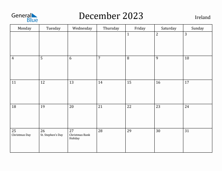 December 2023 Calendar Ireland