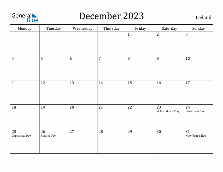 December 2023 Calendar Iceland