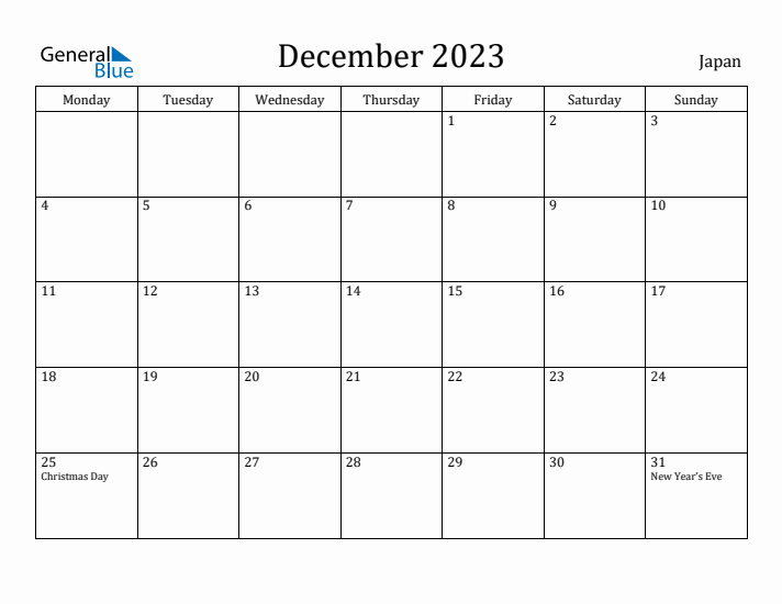 December 2023 Calendar Japan