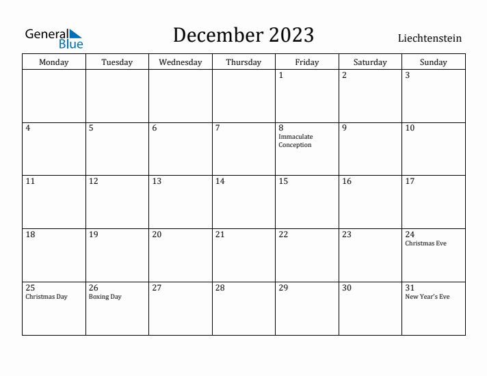 December 2023 Calendar Liechtenstein