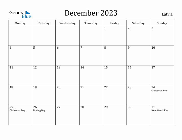 December 2023 Calendar Latvia