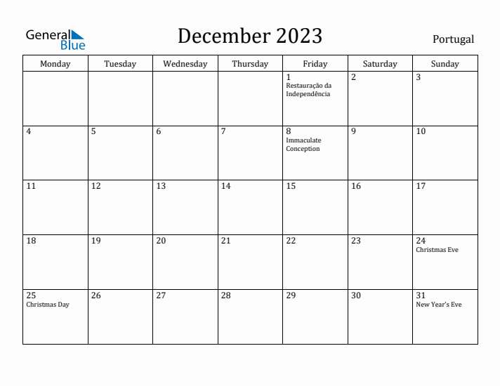 December 2023 Calendar Portugal