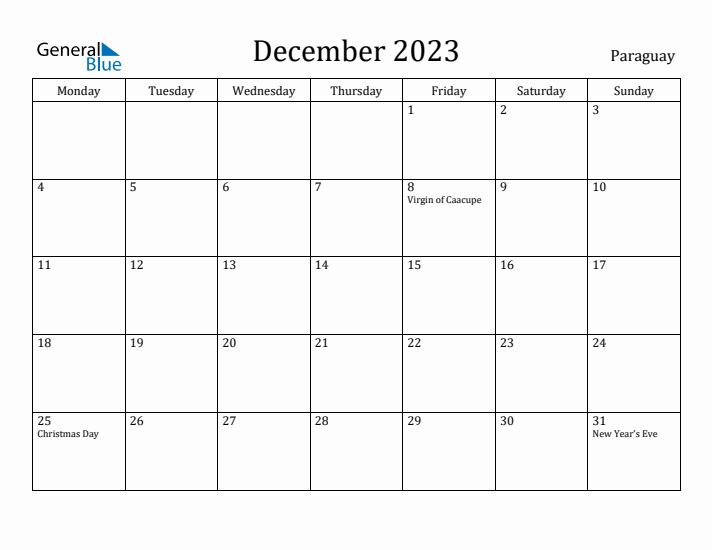 December 2023 Calendar Paraguay