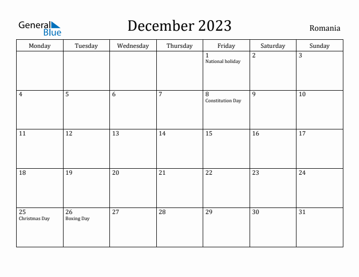 December 2023 Calendar Romania