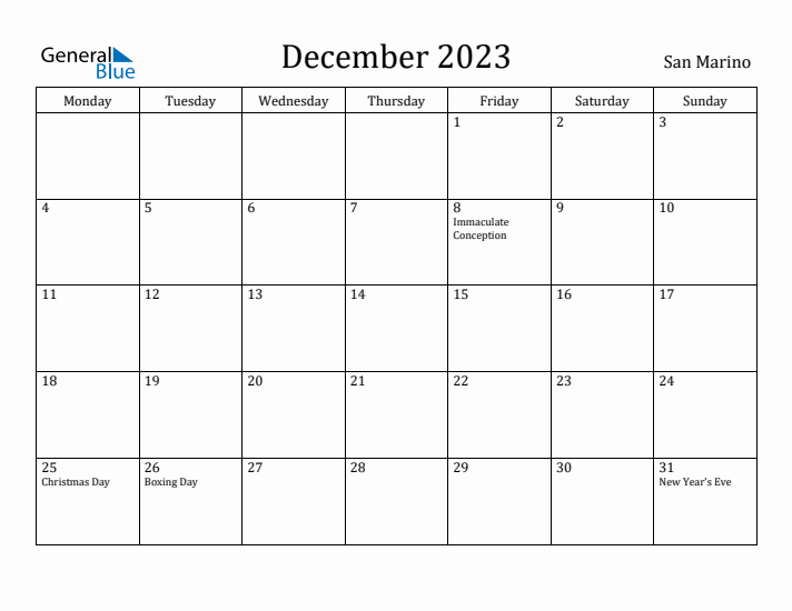 December 2023 Calendar San Marino